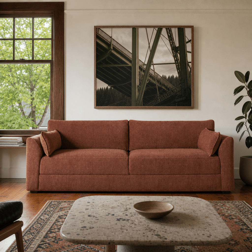 Rochester Sofa in Danny Caramel chenille — terracotta track-arm modern sofa styled in a Portland Craftsman with bridge-truss statement art — What&
