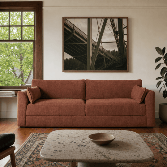 Rochester Sofa in Danny Caramel chenille — terracotta track-arm modern sofa styled in a Portland Craftsman with bridge-truss statement art — What&
