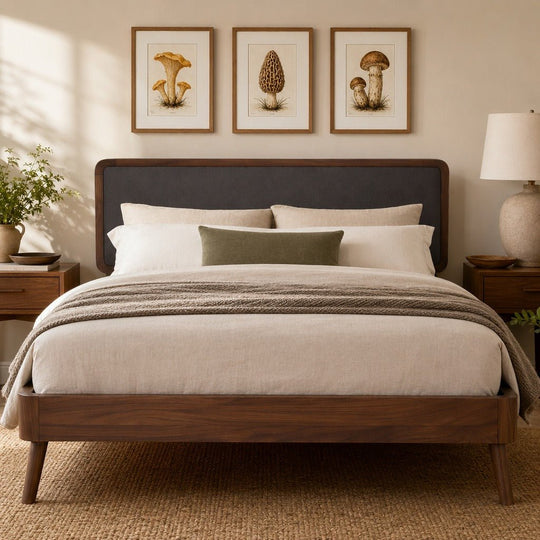 Tahoe Queen Bed styled in a bright mid-century modern Portland bedroom - Whats New Furniture
