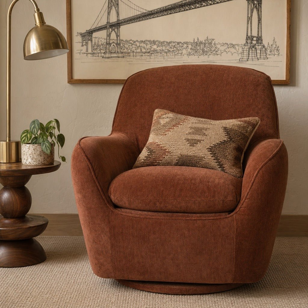 Tillamook Swivel Accent Chair styled in a bright mid-century modern Portland reading nook - Whats New Furniture
