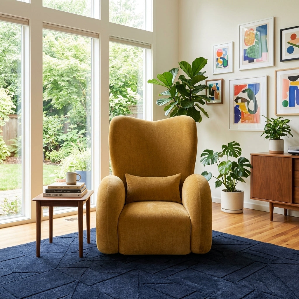 Victoria Accent Wing Chair in Canna Fennels styled in a bright Portland living room - Whats New Furniture