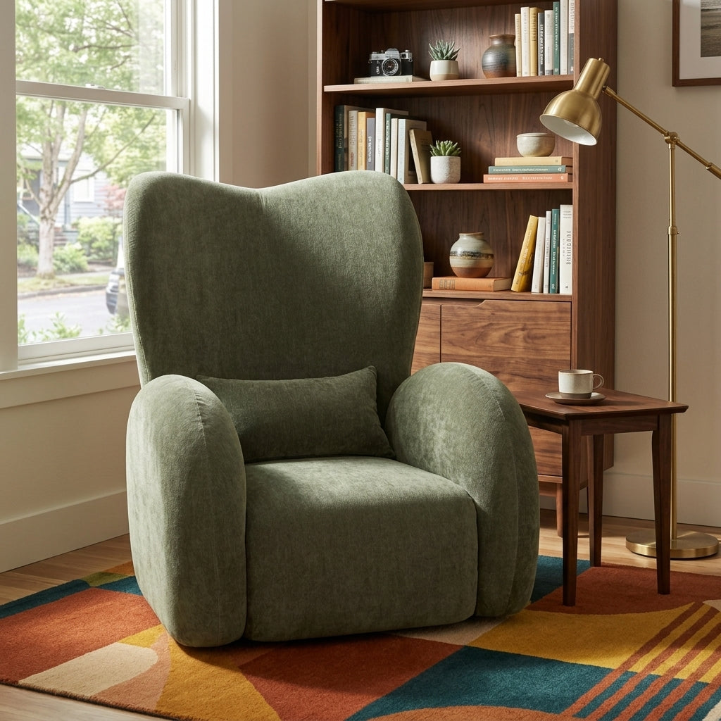 Victoria Accent Wing Chair in Canna Forest Green styled in a Portland reading nook - Whats New Furniture
