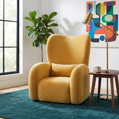 Victoria Accent Wing Chair in Stax Curry styled in a bright Portland living room - Whats New Furniture