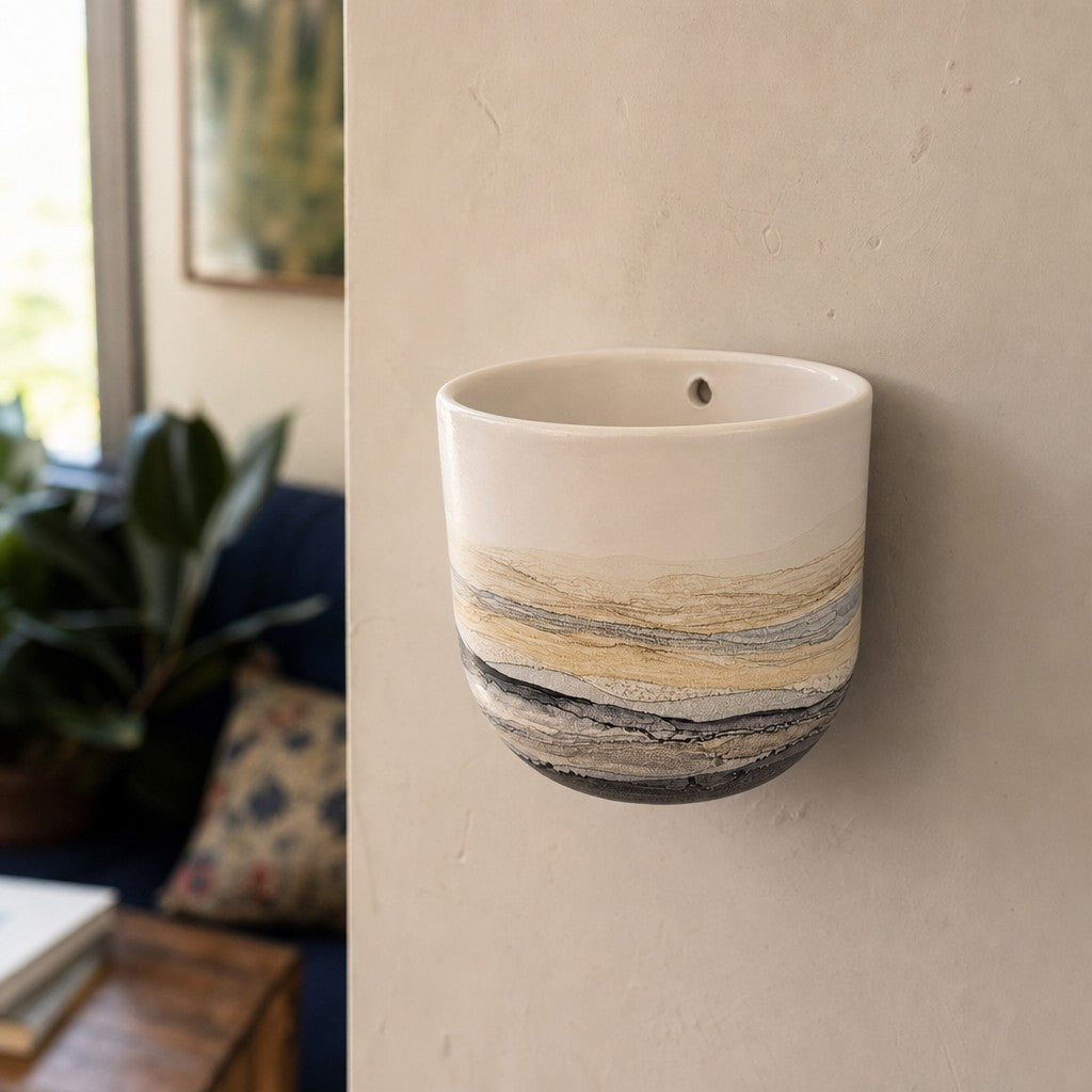 White ceramic wall-mounted planter vase with hand-painted surface - detail view 1
