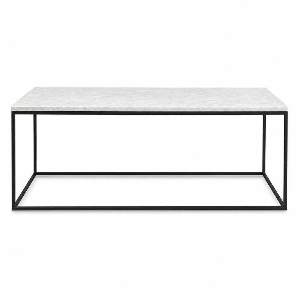 White marble coffee table with black metal base by West Elm