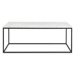 White marble coffee table with black metal base by West Elm