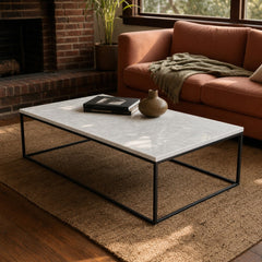White marble coffee table with black metal base by West Elm - view 2