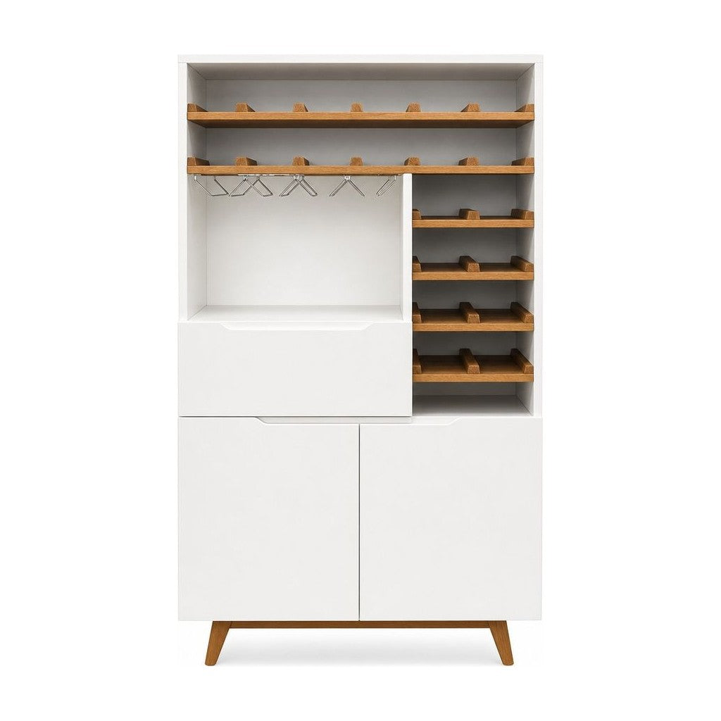 White mid-century Article bar cabinet with a tall slim silhouette and paneled doors.