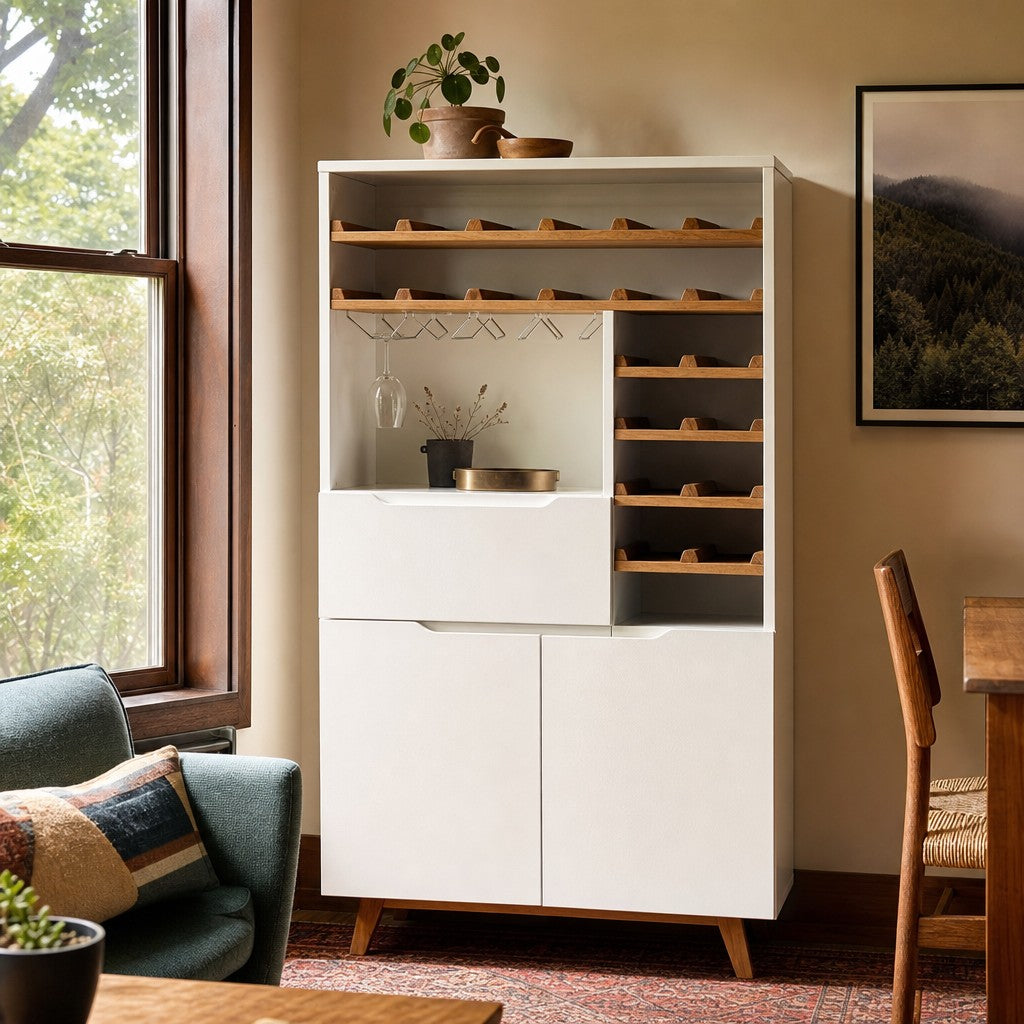 White mid-century Article bar cabinet with a tall slim silhouette and paneled doors. - detail view 1