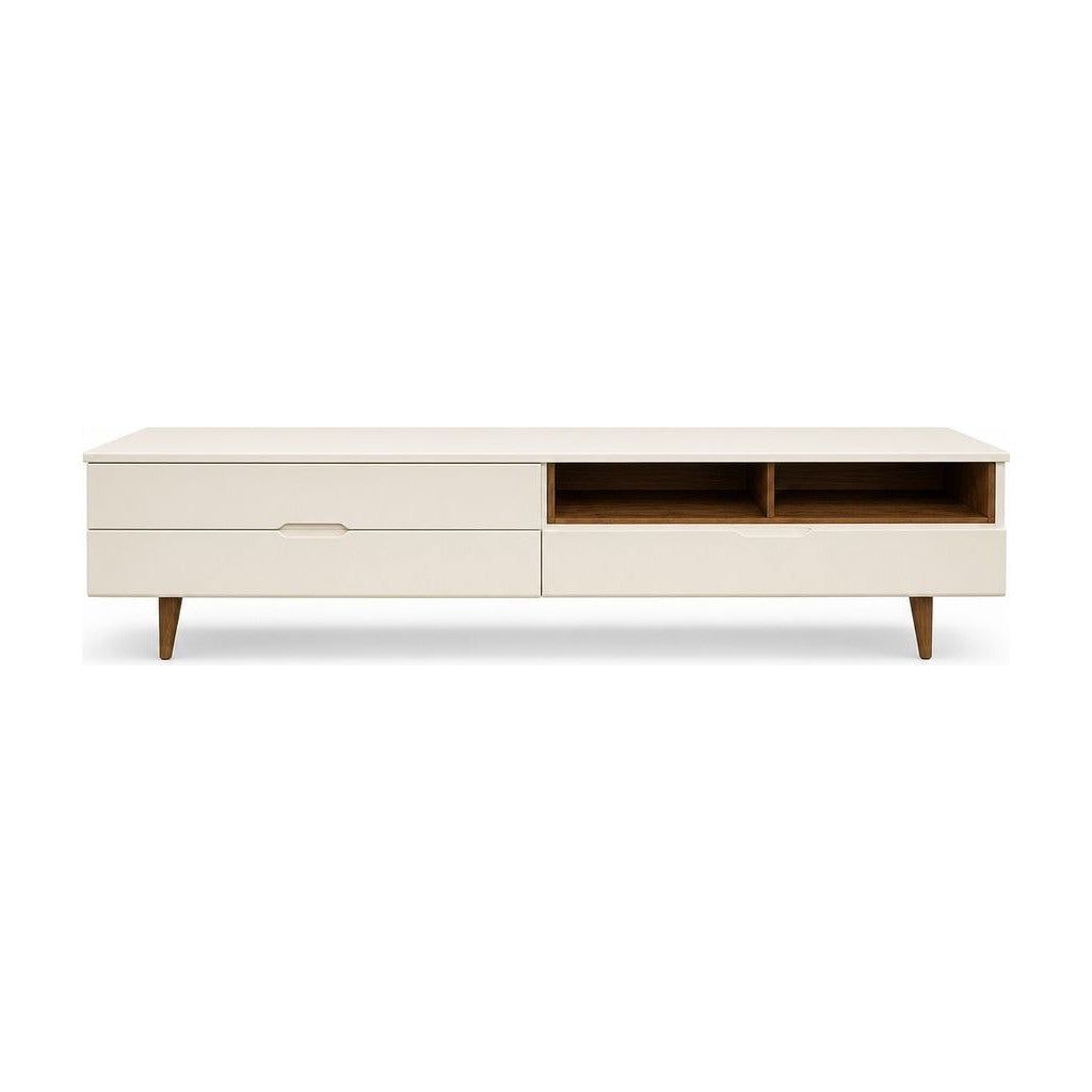 White media console table with a long slim top and marked tapered legs.