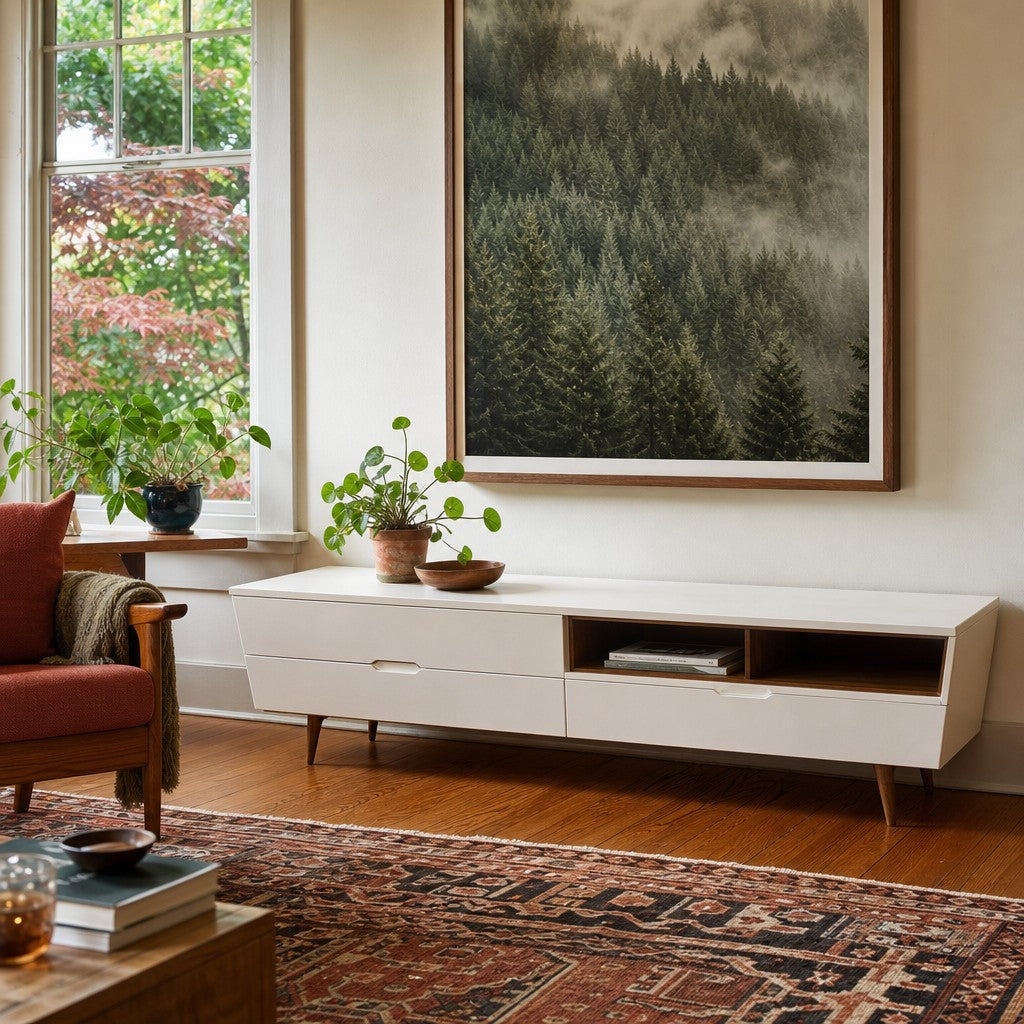 White media console table with a long slim top and marked tapered legs. - detail view 1