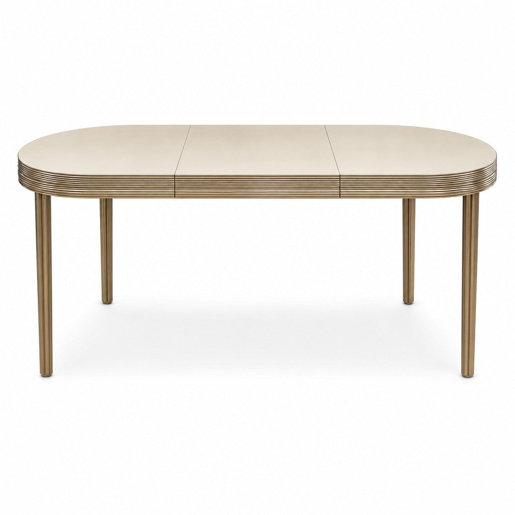 White mid-century dining table with clean lines and an extendable leaf.