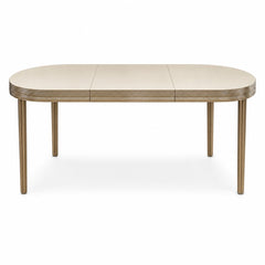 White mid-century dining table with clean lines and an extendable leaf.