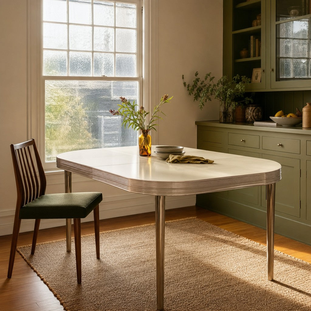 White mid-century dining table with clean lines and an extendable leaf. - view 2