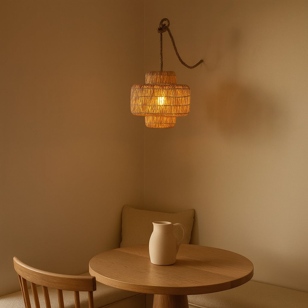 Wicker pendant lamp glowing over a Portland dining nook - Whats New Furniture