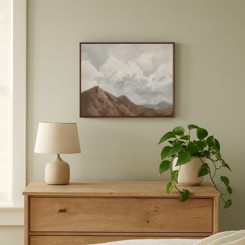 Wild Bluff Art framed mountain print styled above a bedroom dresser in a Portland home - Whats New Furniture
