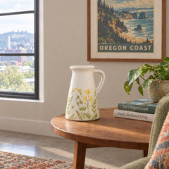 Wildflower Crackle-Glaze Pitcher Vase 10", Ivory styled in a Portland living room - Whats New Furniture