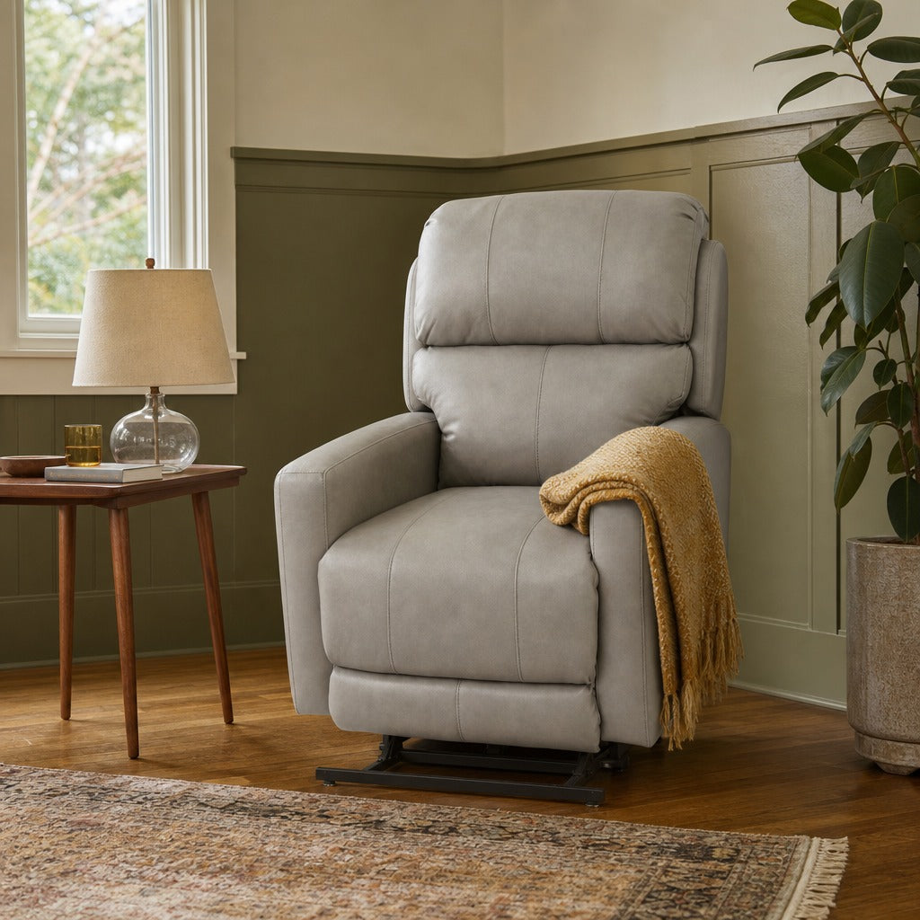 Willamette Power Lift Recliner in Sidekick Grey styled in a Portland Hawthorne Craftsman living room — What&