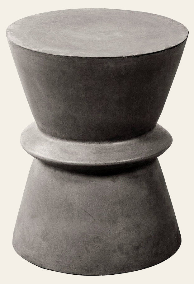 Hourglass concrete side table in Dark Grey front view - cast concrete drum side table - Whats New Furniture Portland OR