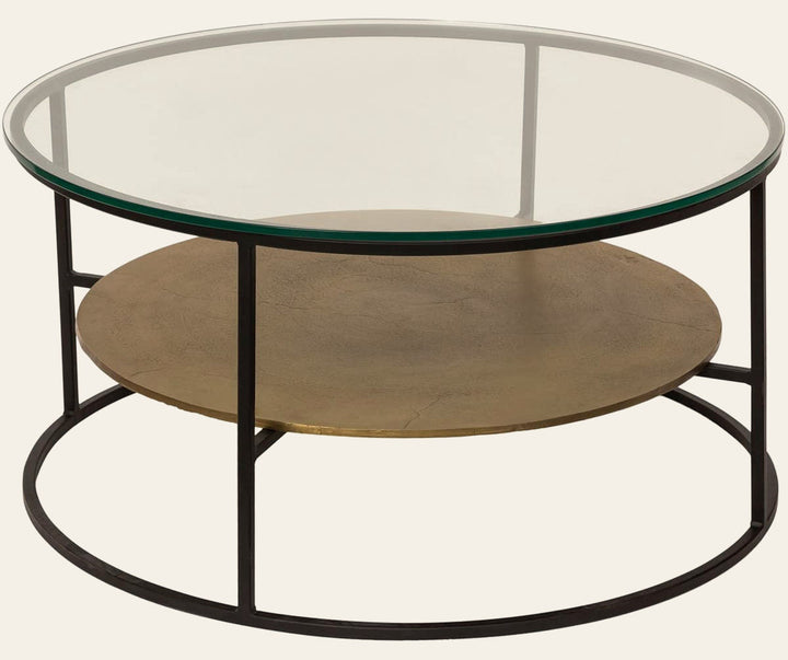 Callie Coffee Table in Antique Brass - round glass coffee table by Moe's - Whats New Furniture Portland OR