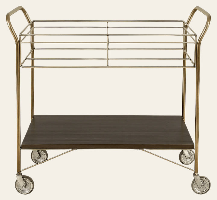 Retro Brass Frame Rolling Bar Cart with Plexiglass Top & Walnut Shelf - Consigned - Whats New Furniture - Portland, Oregon