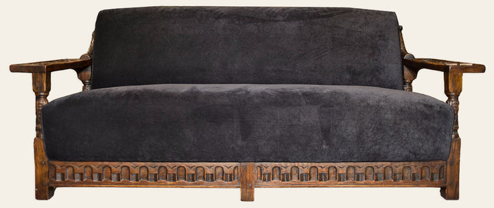 1920's Spanish Revival Carved Wood Velvet Sofa - Whats New Furniture - Portland, Oregon