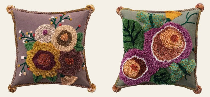 Square Cotton Tufted Floral Pillow w/ Pom Poms - tufted floral accent pillow by Creative - Whats New Furniture Portland OR