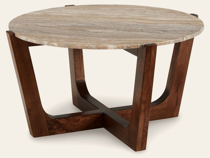 Tanidore Cocktail Table in Warm Brown - round marble coffee table by Ashley - Whats New Furniture Portland OR