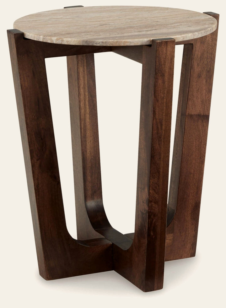 Tanidore End Table in Warm Brown - round end table by Ashley - Whats New Furniture Portland OR