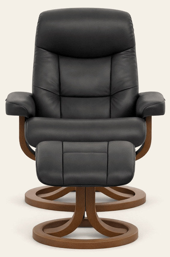 Muldal Large Recliner and Foot Stool in NL Navy front view - Fjords Norwegian leather recliner - Whats New Furniture Portland OR