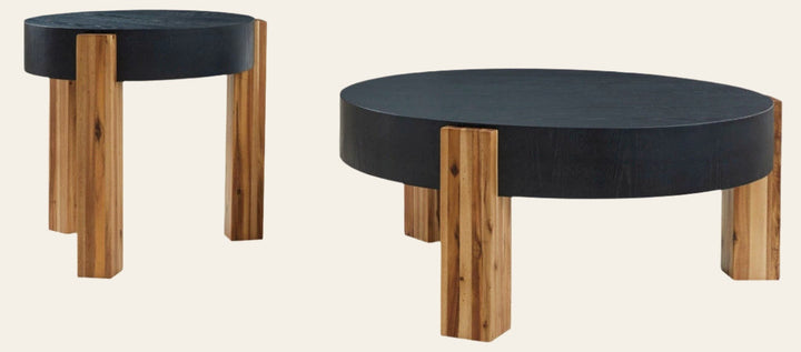 Breenmore Table in Black/Natural - coffee and end table set by Ashley - Whats New Furniture Portland OR
