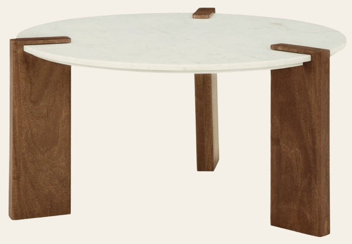 Isanti Round Coffee Table in White/Brown - round marble coffee table by Ashley - Whats New Furniture Portland OR