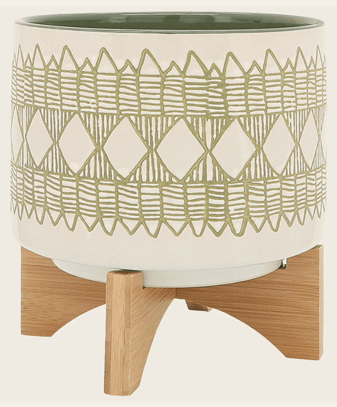 Aztec Planter On Wooden Stand in white & olive - ceramic planter on bamboo stand - Whats New Furniture Portland OR
