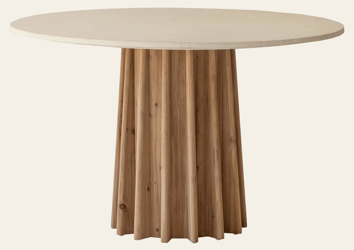 Sculpture Dining Table in White Concrete Wash - round oak and concrete dining table by LH - Whats New Furniture Portland OR