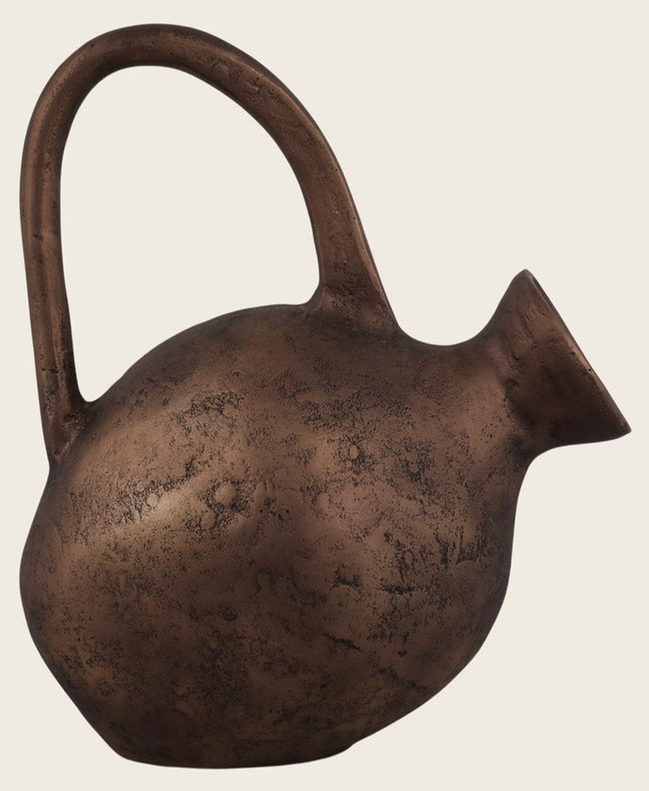 Rustic Metal Jug Vase in antiqued bronze with arched handle and angled spout - Whats New Furniture Portland OR