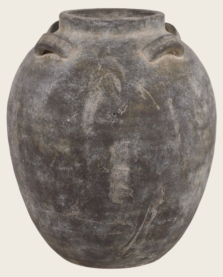Multi Handle Vase, weathered brown terracotta urn with loop handles - Whats New Furniture Portland OR