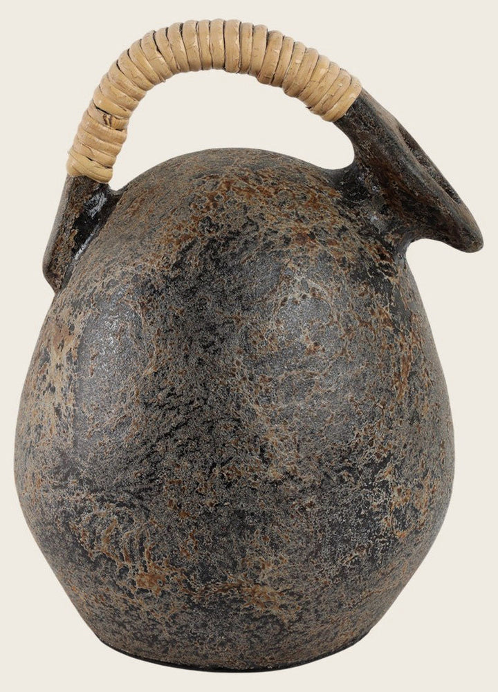 Terracotta Jug Vase with rattan-wrapped handle in mottled gray - Whats New Furniture Portland OR