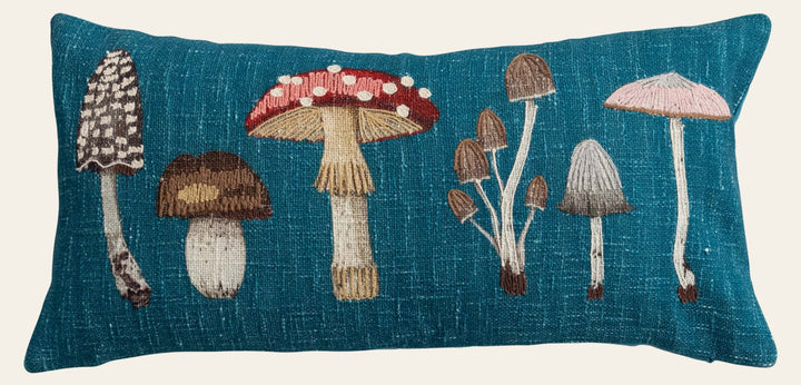 Cotton Printed Lumbar Pillow with Mushrooms & Embroidery in Multi Color - embroidered - Whats New Furniture Portland OR