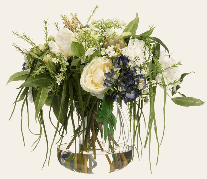 Peony/Hydrangea in Glass Vase in White Blue Glass - faux floral arrangement - Whats New Furniture Portland OR