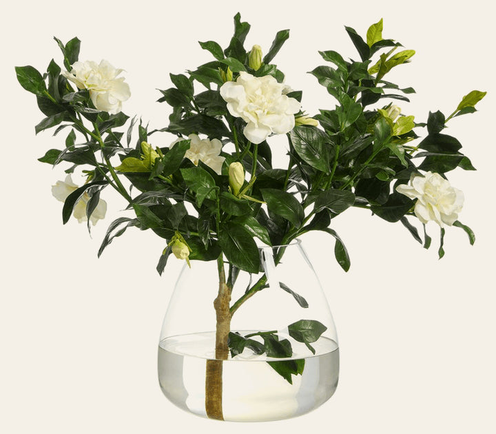 Gardenia Branch in Round Glass in White Green Glass - faux gardenia arrangement - Whats New Furniture Portland OR