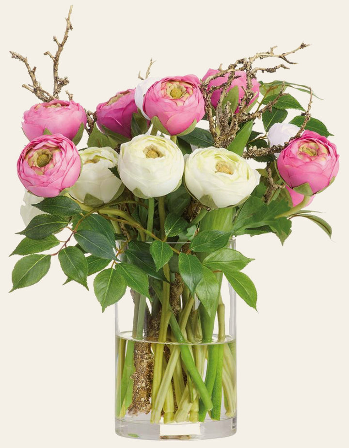 Ranunculus Mix in Glass Vase in Pink White Glass - faux ranunculus arrangement - Whats New Furniture Portland OR