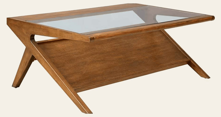 Rocket Coffee Table with Tempered Glass in pecan - mid-century glass-top coffee table - Whats New Furniture Portland OR