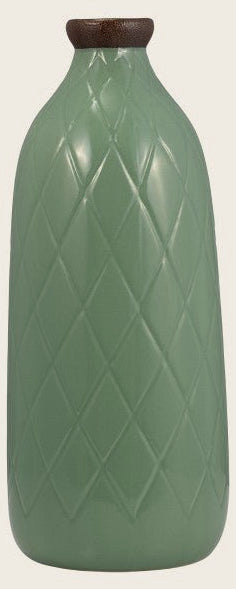 Plaid Textured Vase, dark sage ceramic bottle with embossed diamond lattice - Whats New Furniture Portland OR