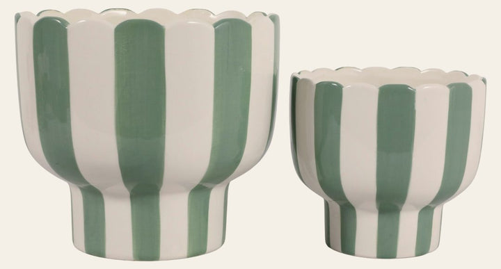 Green and white striped pedestal planters in two sizes, sold individually - Whats New Furniture Portland OR