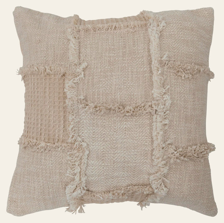 18" Woven Cotton & Wool Patchwork Pillow with Frayed Edges - Whats New Furniture Portland OR