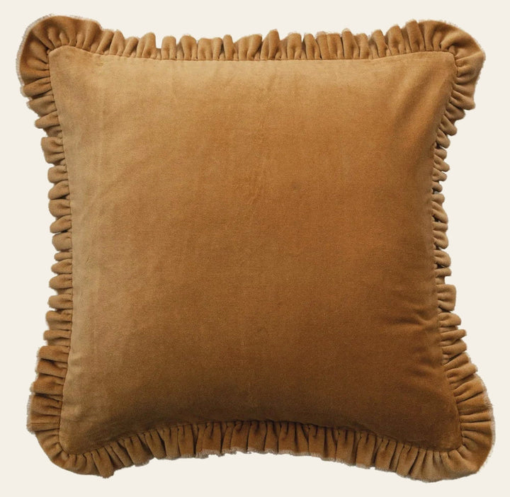 20" Square Cotton Velvet Pillow with Ruffled Trim, Mustard - Whats New Furniture Portland OR