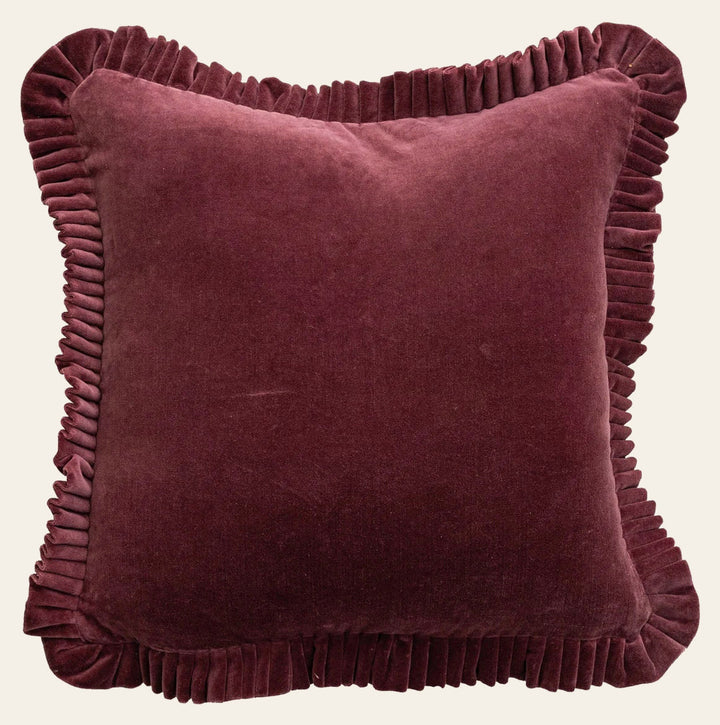18" Square Cotton Velvet Pillow with Ruffle, Burgundy - Whats New Furniture Portland OR