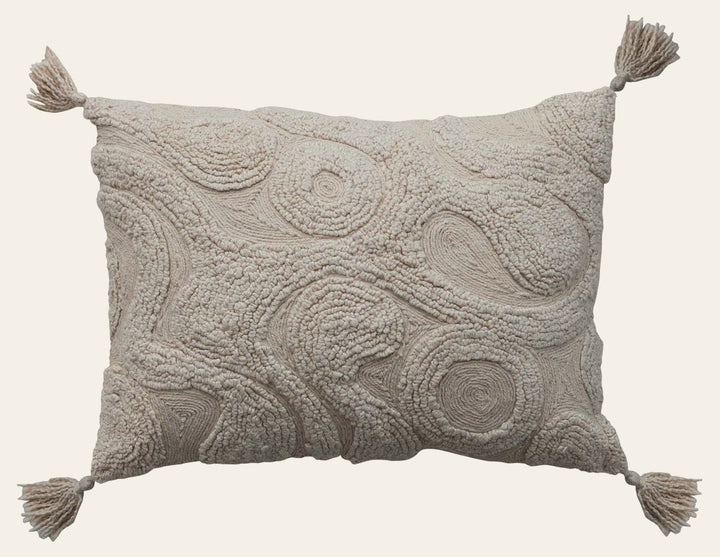 Cotton Tufted Lumbar Pillow with Design & Tassels, Cream - Whats New Furniture Portland OR