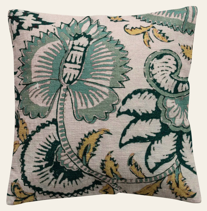 18" Square Cotton Slub Printed Pillow with Botanicals & Chambray Back - Whats New Furniture Portland OR