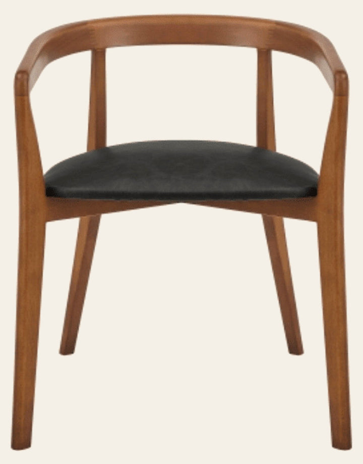 Amy Faux Leather Dining Arm Chair in Casa Black front view - walnut barrel back - Whats New Furniture Portland OR